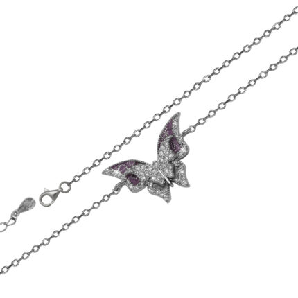 Csillogó ródiumozott karlánc 925-ös ezüstből egymásra merőleges ovális szemekből a karlánc közepén egy dupla szárnyú pillangó van elhelyezve